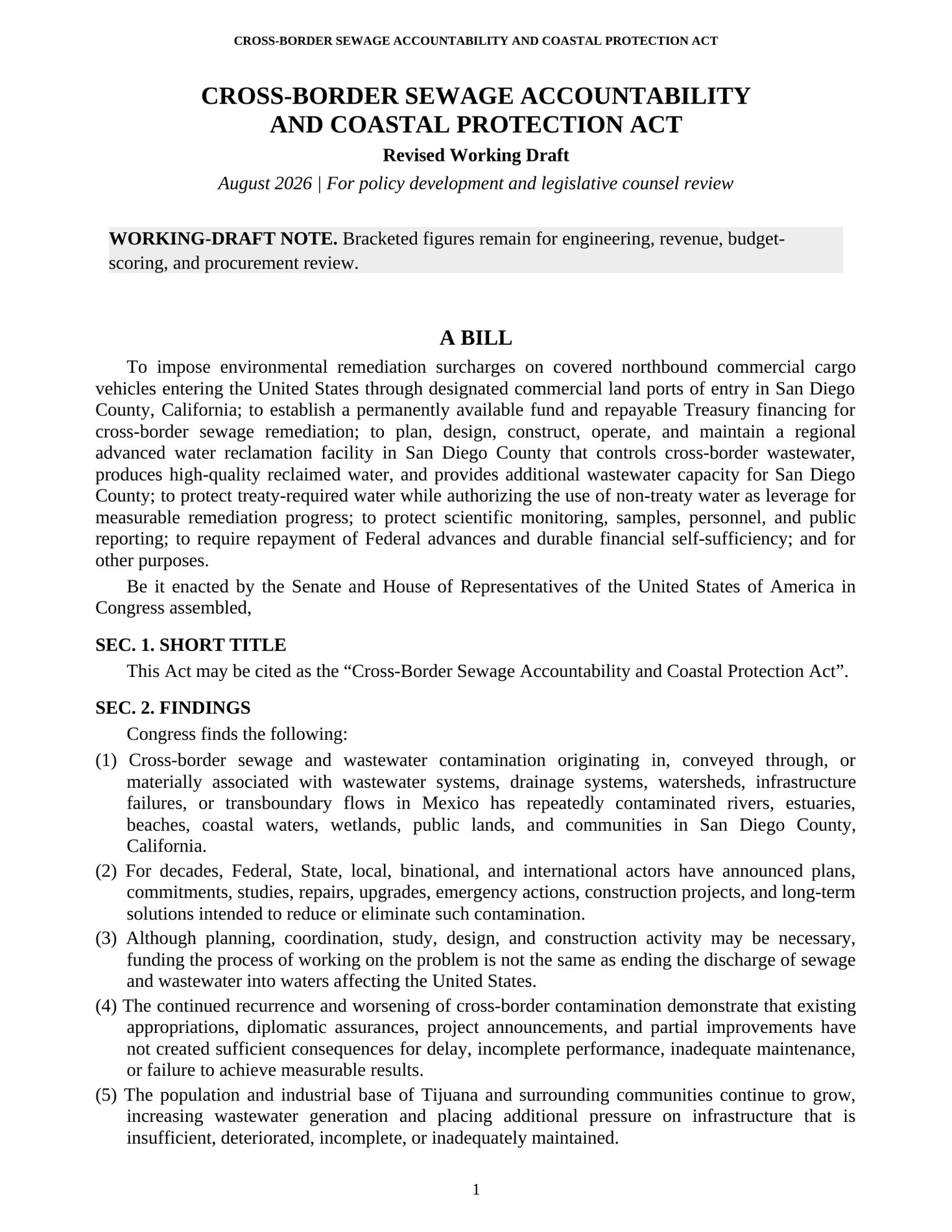 First page of proposed Cross-Border Sewage Accountability and Coastal Protection Act. Revised working draft, August 2026.